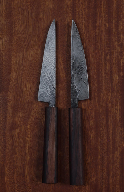 Hand forged pairing knives in damascus steel. Made in Malaysia, Sabah, pick up available in store in KL. Perfect for home kitchen use, or the enthusiastic chef.