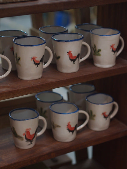 Wheel thrown hand painted with underglaze traditional rooster cup reminiscent of a vintage Nyonya noodle bowl. Perfect for coffee and gifting for a housewarming. Made in Malaysia, KL. Shipping to Singapore available.