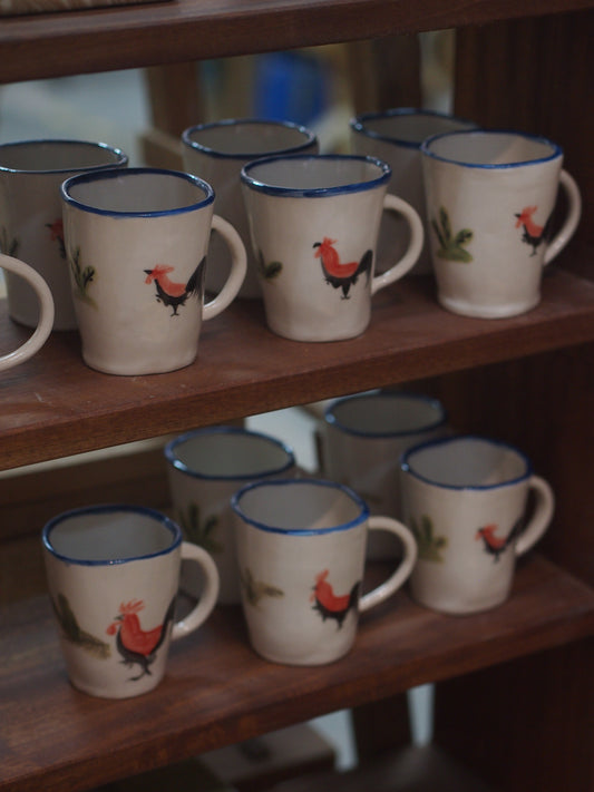 Wheel thrown hand painted with underglaze traditional rooster cup reminiscent of a vintage Nyonya noodle bowl. Perfect for coffee and gifting for a housewarming. Made in Malaysia, KL. Shipping to Singapore available.