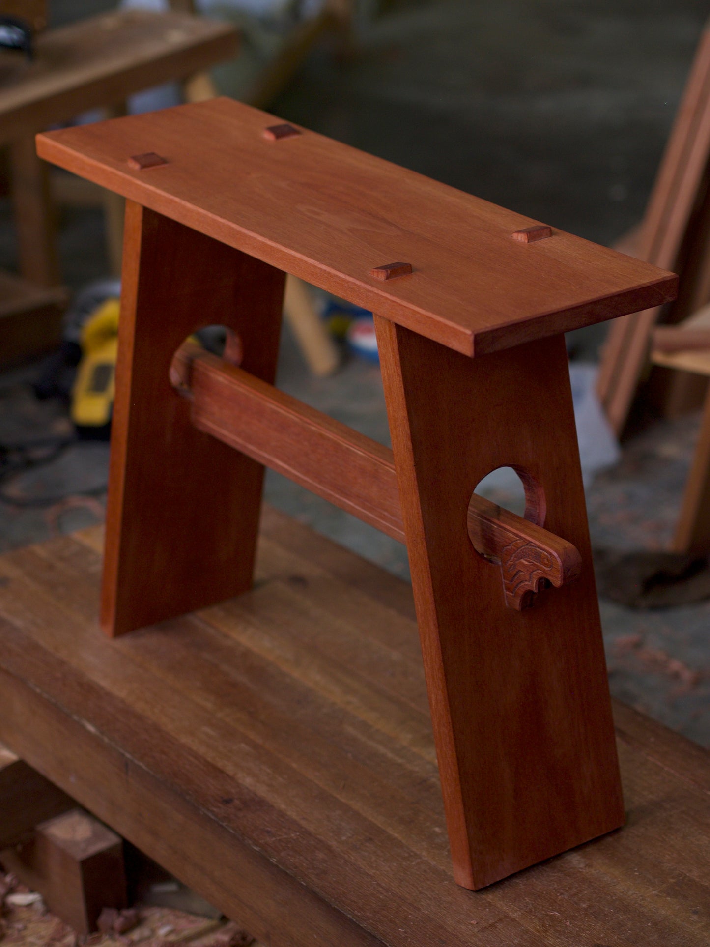 Real wood hand jointed and carved moon gate stool. Made with solid Malaysian wood, sustainably sourced and designed. Made in Malaysia, KL. Perfect for patios, gardens, landing areas.
