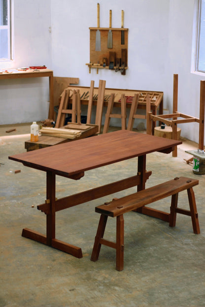 Real wood designer dining trestle table for new homeowners and apartments in KL, Malaysia. Sustainably sourced and made. Custom size and colour available. Shipping to Singapore available.