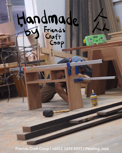 Real wood designer side table, hand made and designed in Malaysia, KL. Perfect for sofa, bedside, or patio areas. Buy in store at FRIENDS Craft Coop, PJ. Sustainably made furniture.